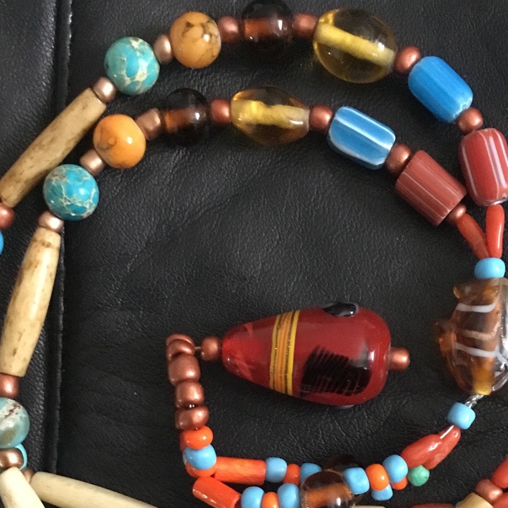 Hand beaded necklace 18” drop, lampwork, seed beads, bronze, spiny coral beads